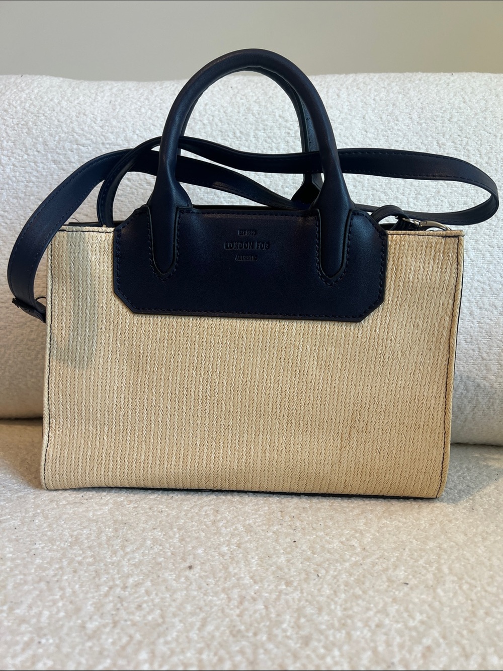 London Fog Navy & Natural Straw Convertible Satchel